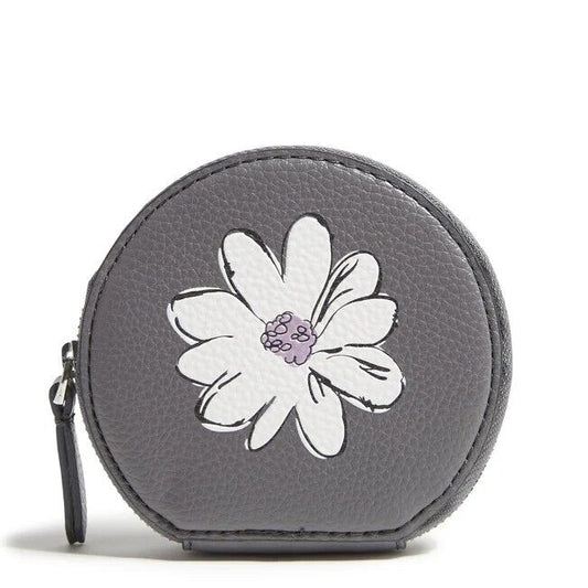 Vera Bradley Essential Round Zip Pouch in Quiet Shade gray faux leather with a white floral pattern and zip closure.