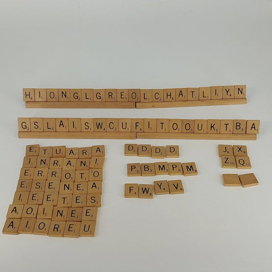 Vintage 1948 Scrabble wood tile set with 98 letter tiles and 4 wood racks