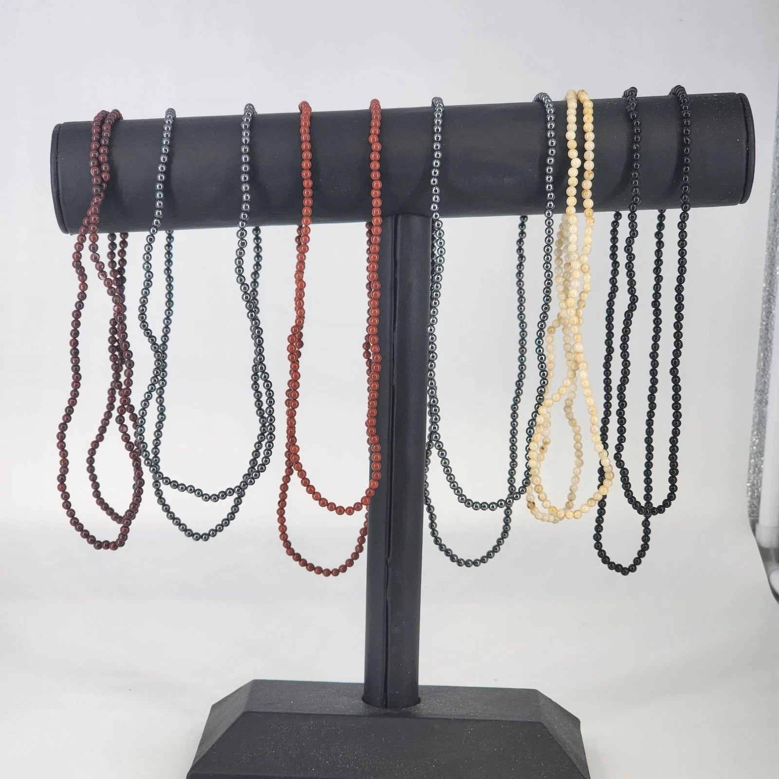 Vintage 6 strand seed bead necklace with glass stone and metal beads