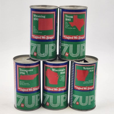 Five vintage 7UP United We Stand state series empty soda cans