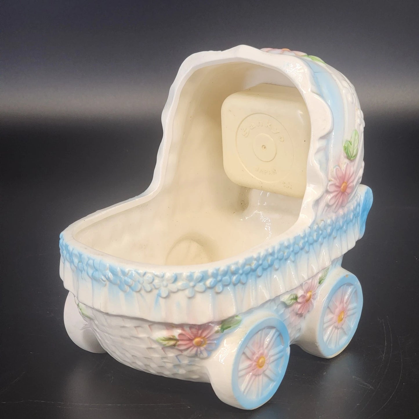 Vintage Ardco Japan ceramic baby carriage music box in pink and blue