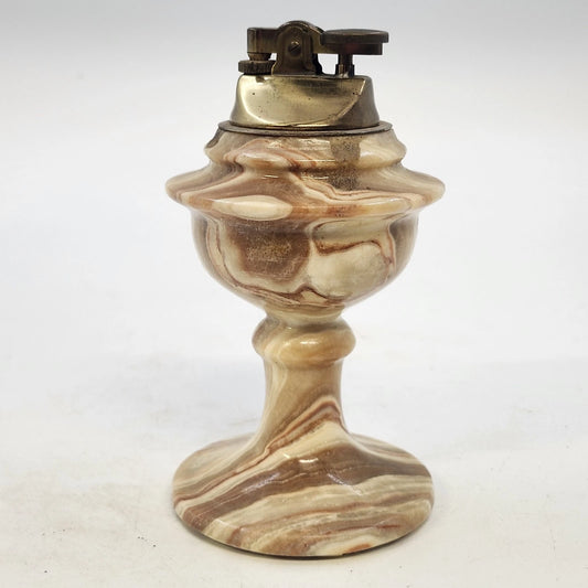 Banded onyx marble pedestal table lighter in brown and cream