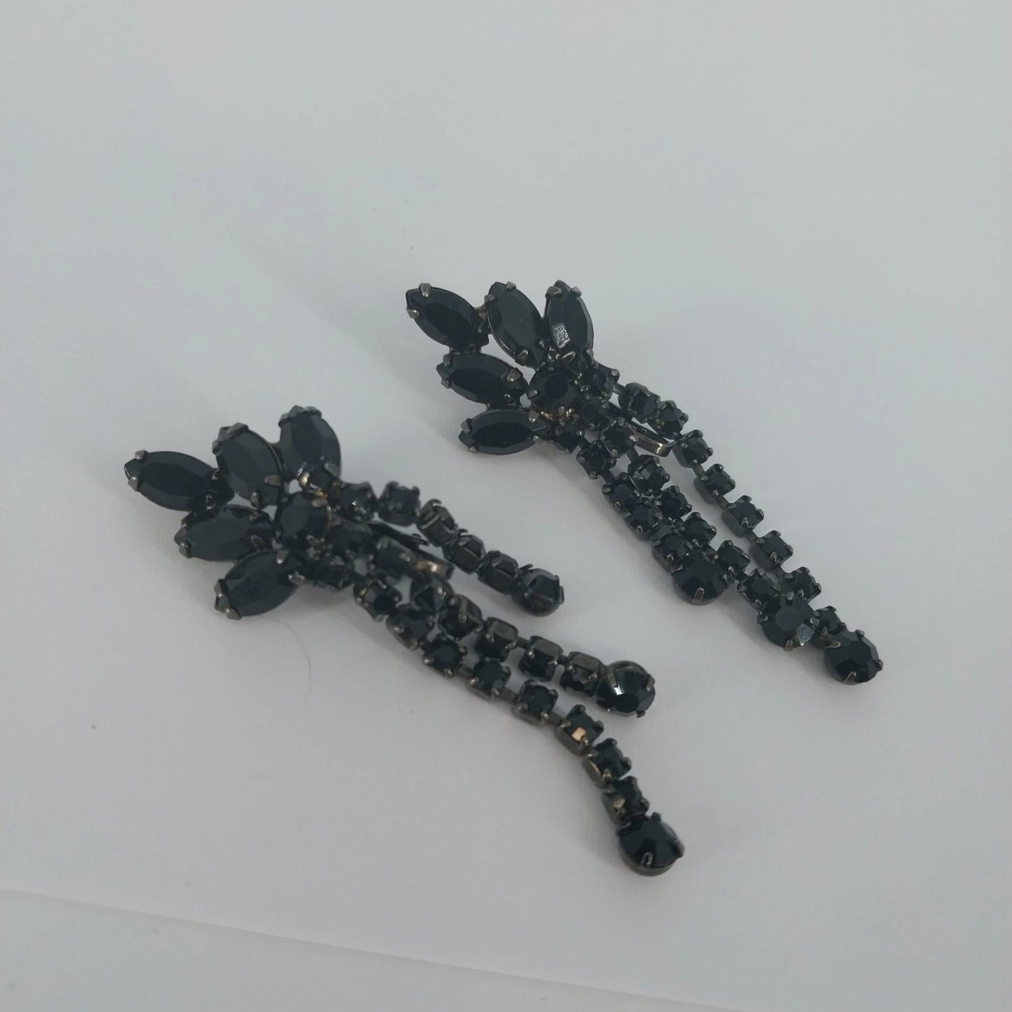 Vintage black crystal cluster dangle earrings with gunmetal finish