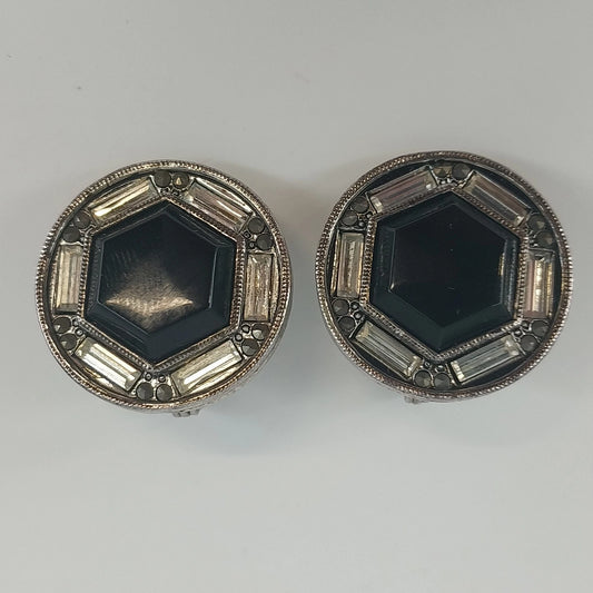 Vintage black octagon clip on earrings with rhinestones and silver tone setting