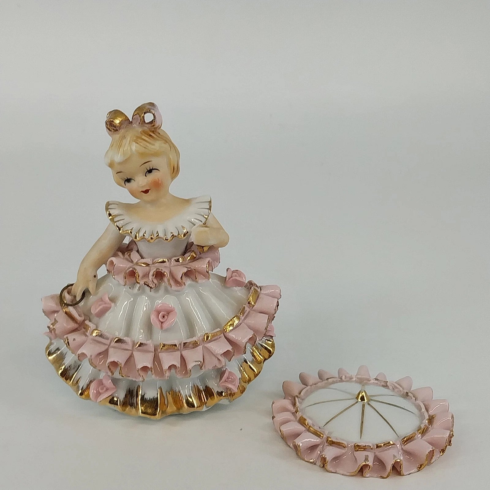 Vintage Bloomer Girl porcelain figurine made in Japan with parasol top