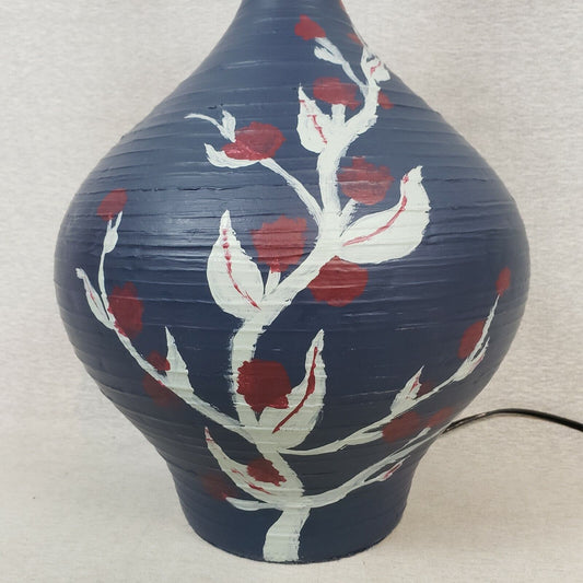 Vintage blue pottery table lamp with hand painted flowers
