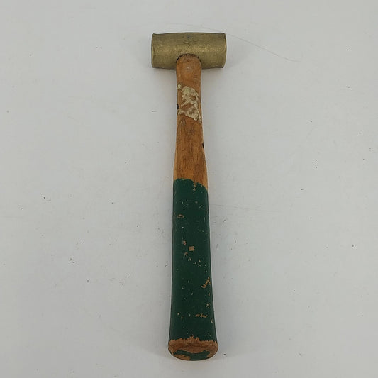 Vintage brass head mallet hammer with wood handle and green grip