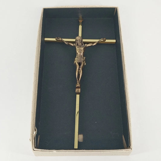 Vintage brass wall crucifix with bronze tone corpus and original box