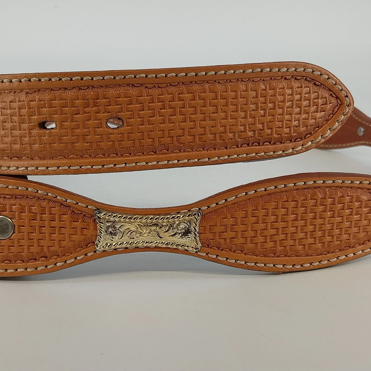 Vintage brown leather basketweave ranger belt without buckle