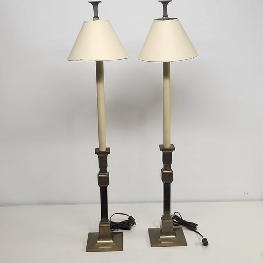 Pair of vintage Chapman brass candlestick table lamps with cream shades