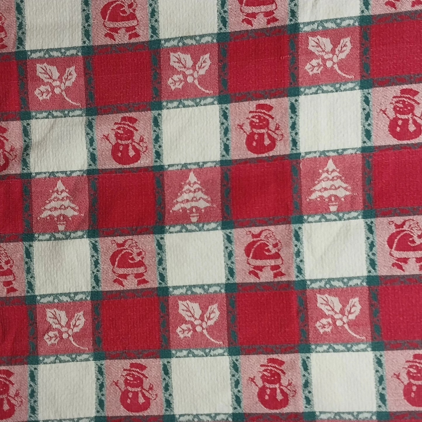 Vintage Christmas woven tablecloth with Santa snowman and holly