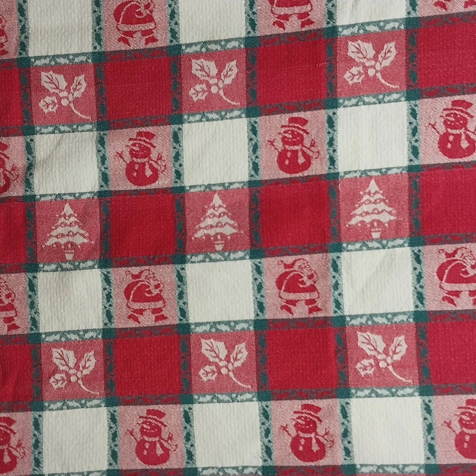 Vintage Christmas woven tablecloth with Santa snowman and holly