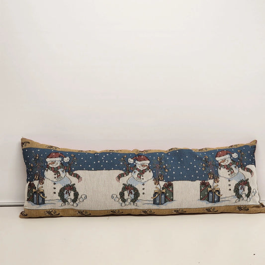 Vintage Christmas snowman tapestry bolster pillow with chenille fabric