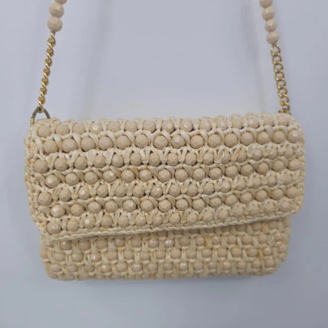 Vintage cream crochet beaded evening bag with chain shoulder strap