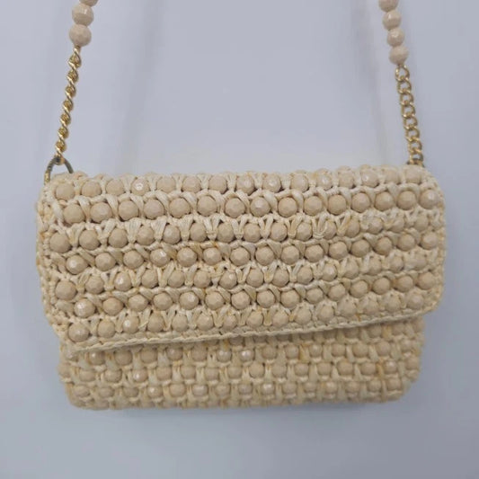 Vintage cream crochet beaded evening bag with chain shoulder strap