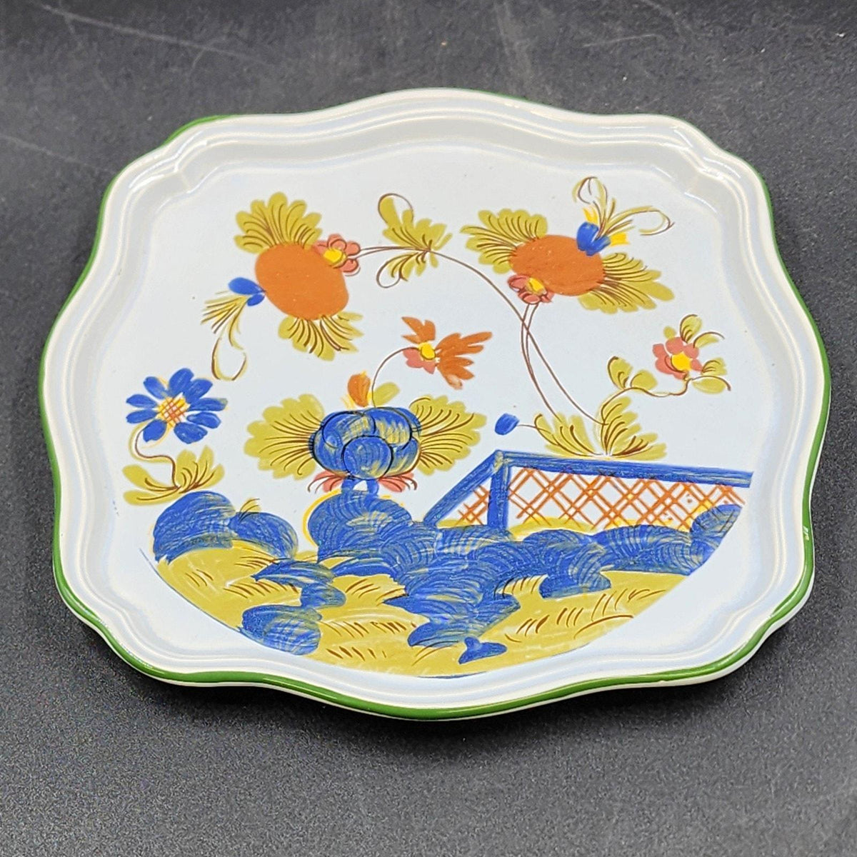 Vintage Faenza Italy CACF Garofano Carnation Ceramic Dish Green Trim