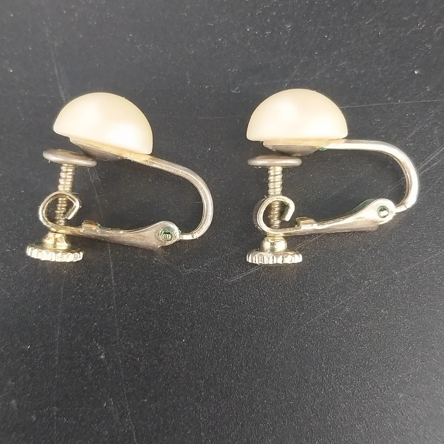 Vintage faux pearl clip on earrings with gold tone screw back setting