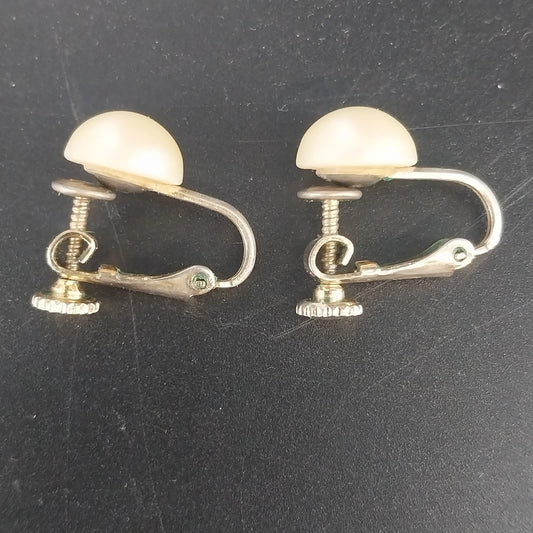 Vintage faux pearl clip on earrings with gold tone screw back setting