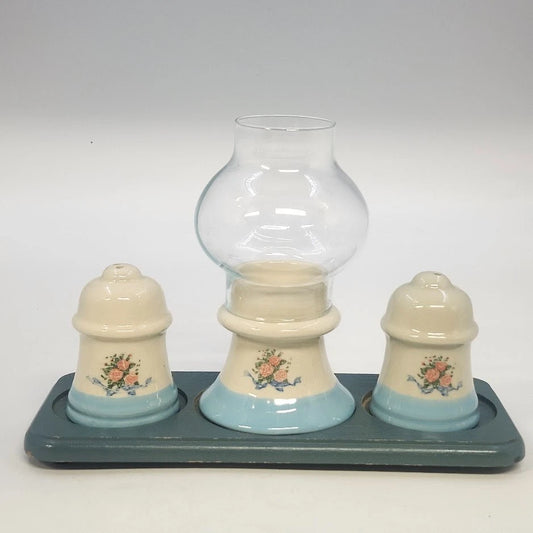 Vintage Taiwan ceramic salt pepper shakers with floral candle holder tray