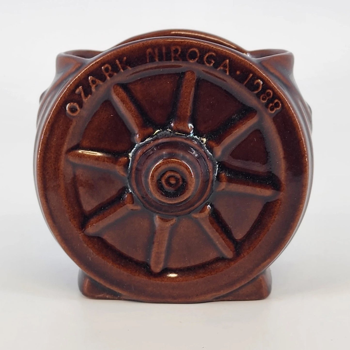 Vintage Frankoma Wagon Wheel 94B brown open sugar bowl with commemorative Ozark Niroga 1988 design