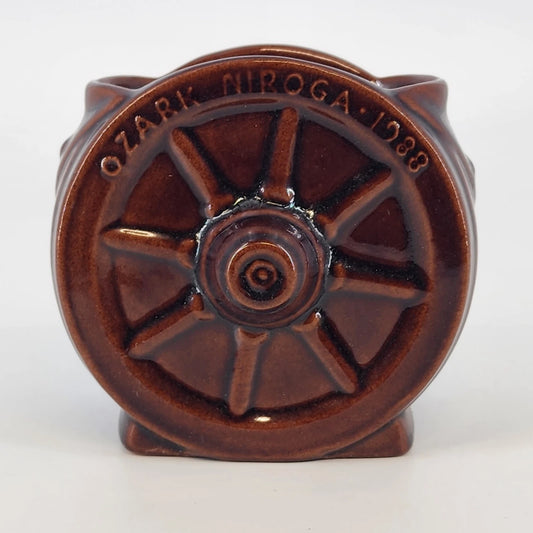 Vintage Frankoma Wagon Wheel 94B brown open sugar bowl with commemorative Ozark Niroga 1988 design