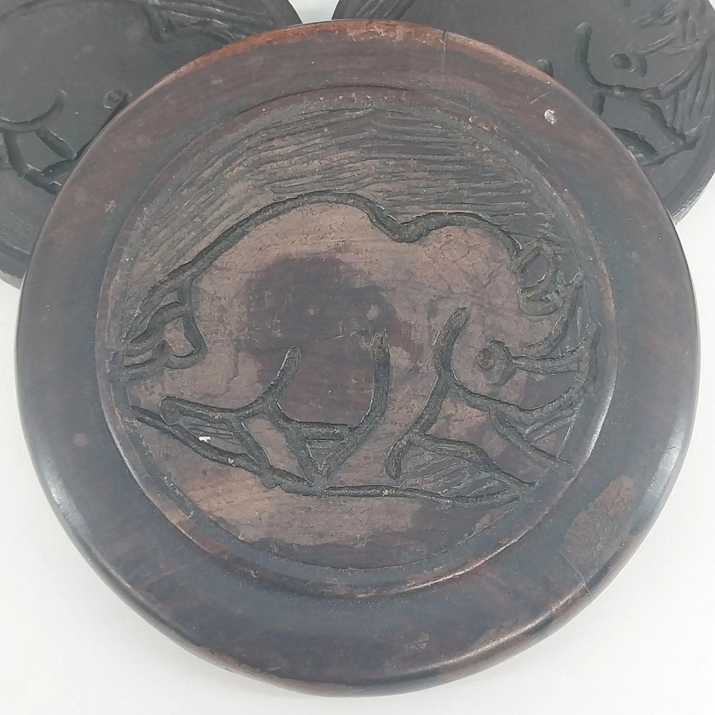 Vintage hand carved wooden elephant coaster set with storage container and lid