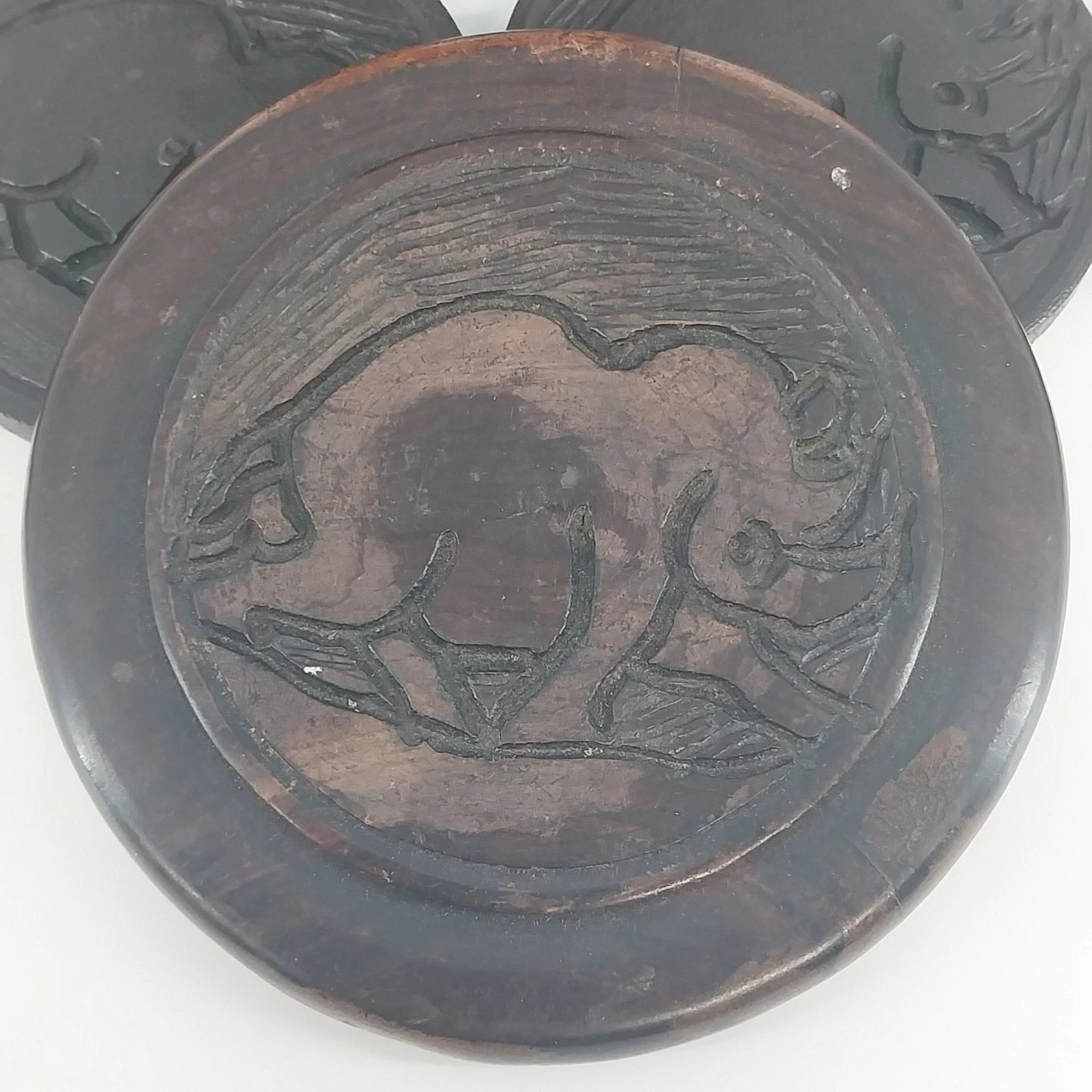 Vintage hand carved wooden elephant coaster set with storage container and lid