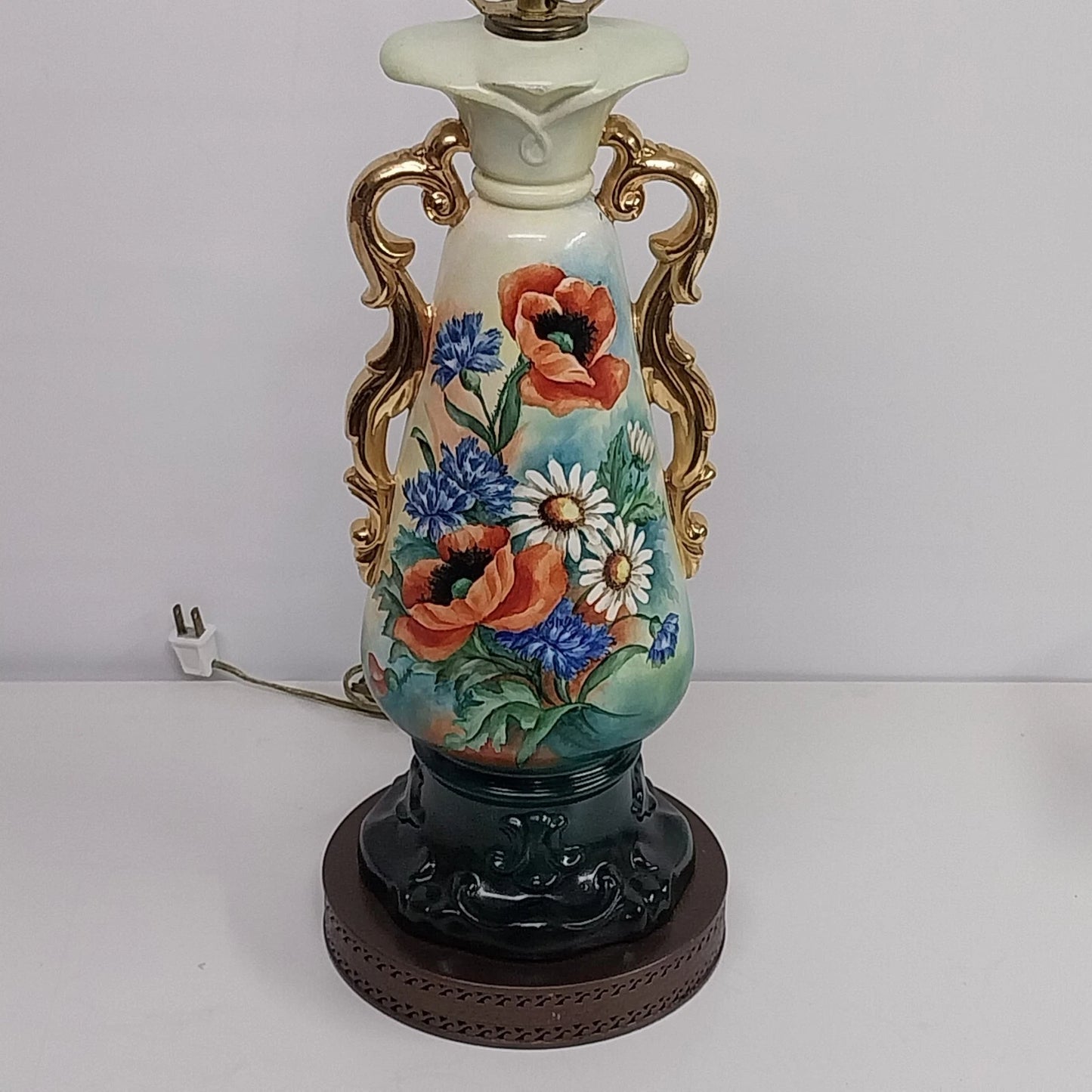 Hand-painted urn table lamp with pansy flowers and gold trim accents
