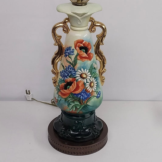 Hand-painted urn table lamp with pansy flowers and gold trim accents