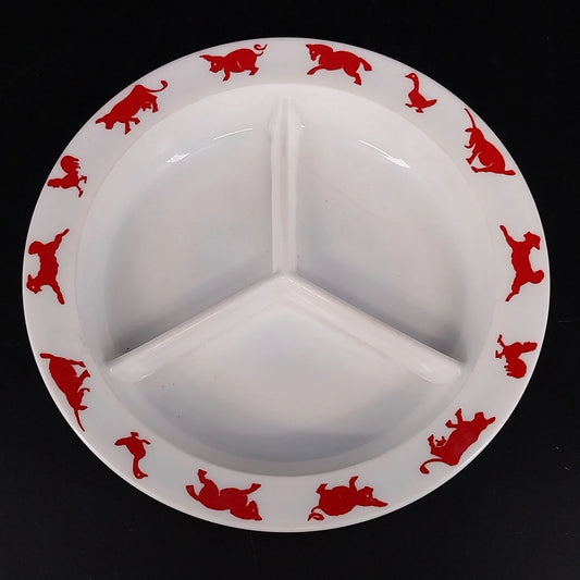 Vintage Hazel Atlas white milk glass child's divided bowl with red animal border