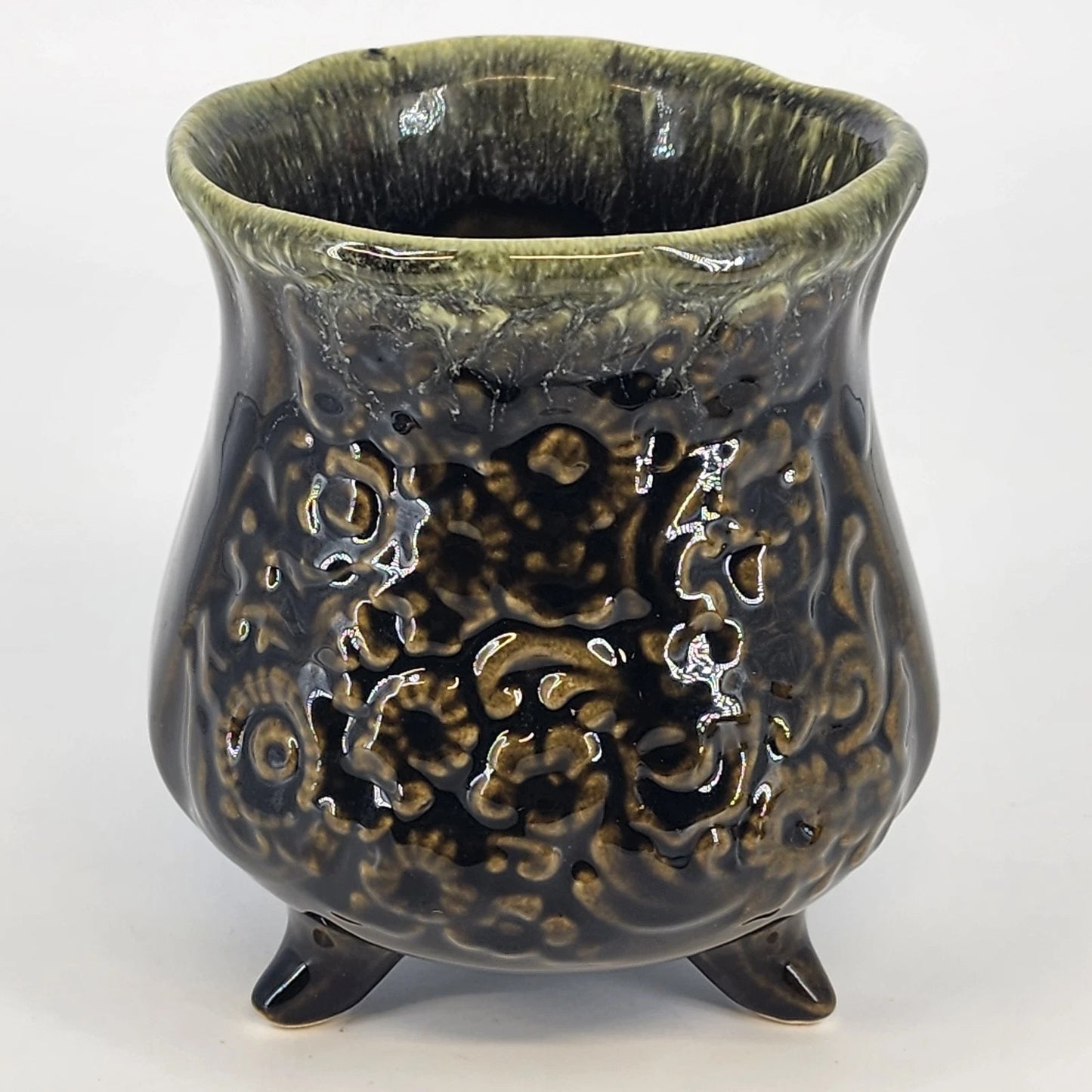 Vintage Hull Pottery USA B34 green footed ceramic planter with floral scroll design