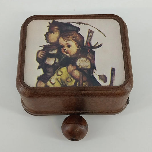 Vintage Hummel print pull string music box made in Japan with wood tone finish