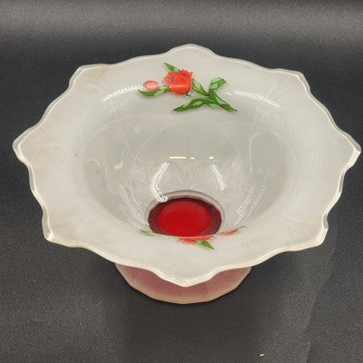 Vintage Indiana Glass white footed bowl with red flashed tulips and ruffled edge