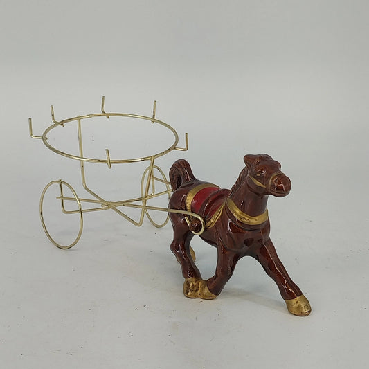 Vintage Japan pottery horse cart shot glass holder with wire wagon