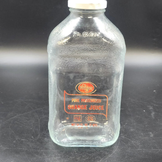 Vintage Kroger 64 oz clear glass orange juice jug with white cap