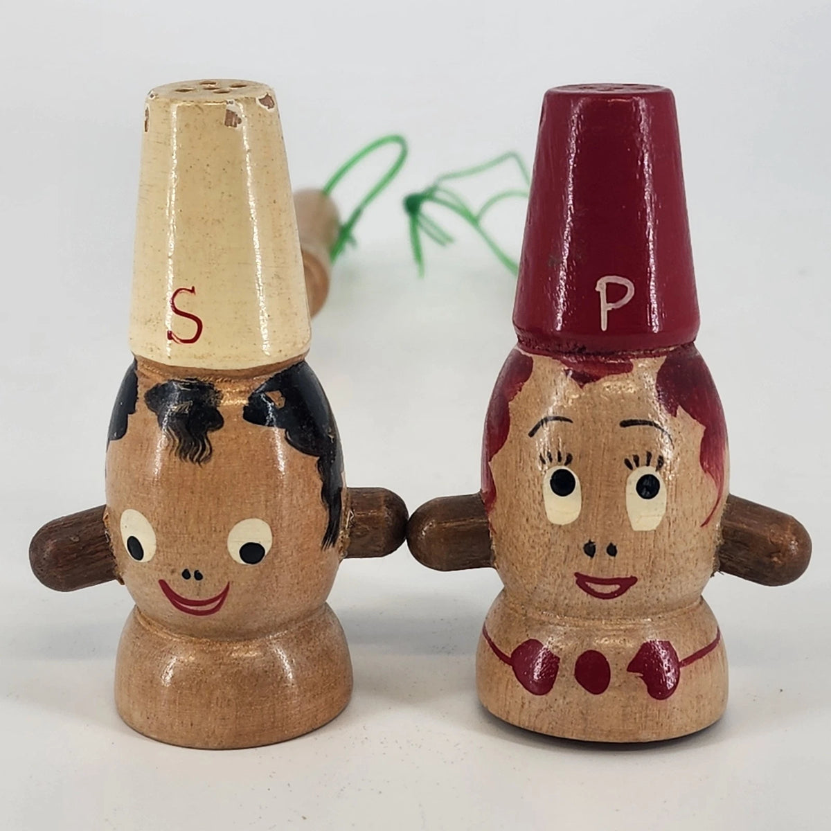 Vintage Japanese wooden chef salt pepper shaker set with handles