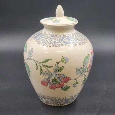 Vintage Macau ginger jar with blue and pink hand-painted floral design