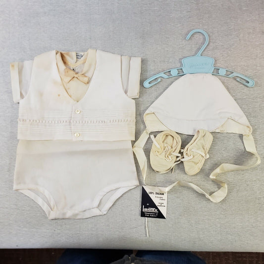 Vintage white boys christening set with cap and shoes
