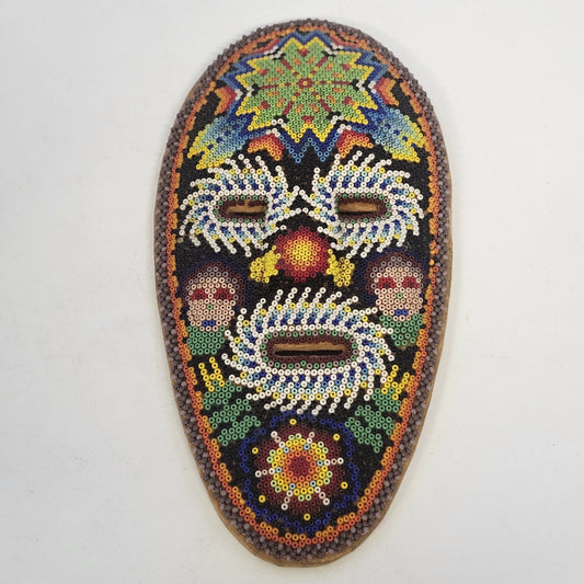 Vintage Mexican wood wall mask with colorful glass seed bead face design