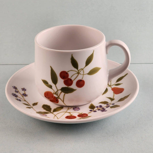 Vintage Noritake Progression Berries N Such coffee cup and matching saucer, pattern 9070, made in Japan, with a vivid design.