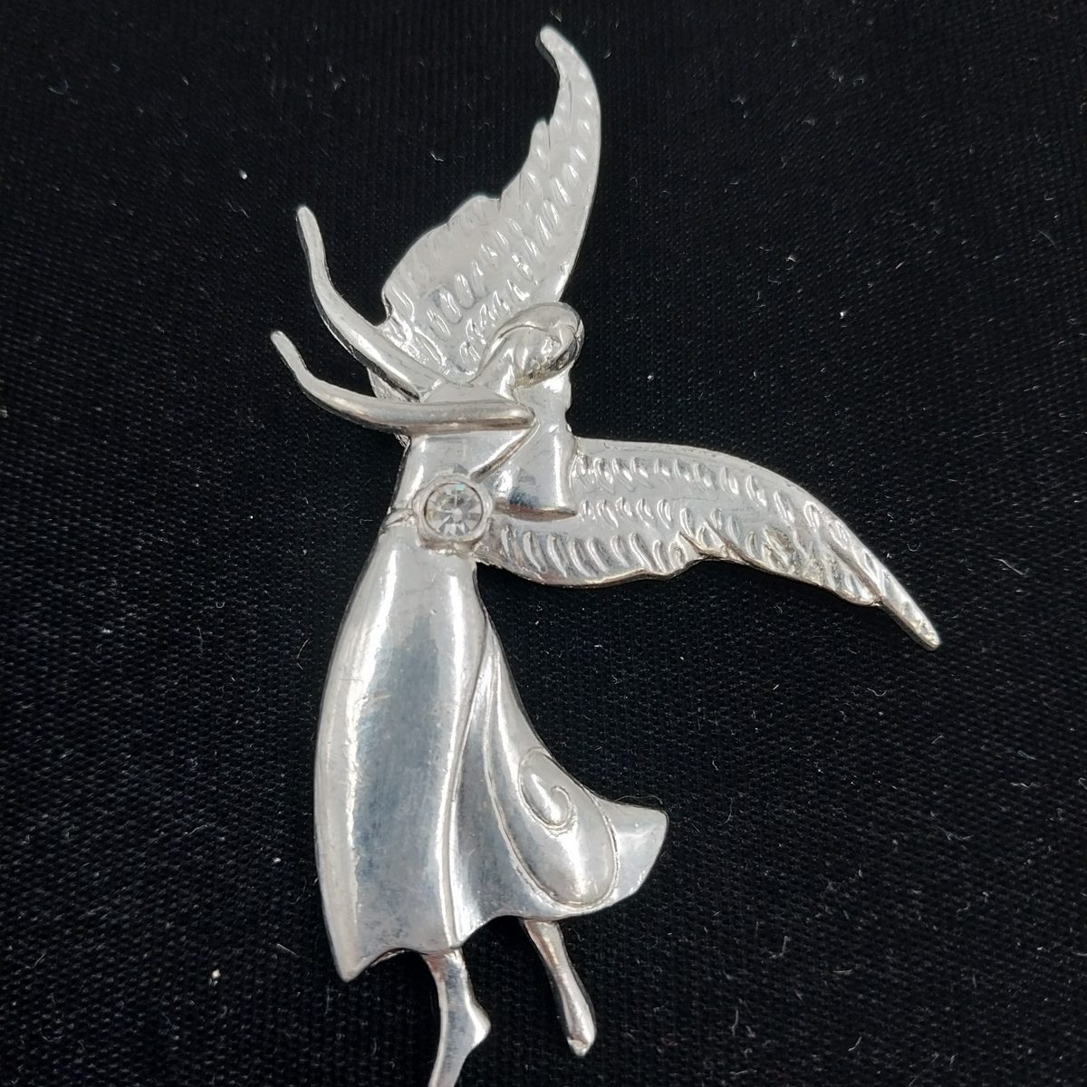 Vintage pewter angel brooch pendant with April diamond crystal birthstone
