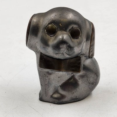 Vintage pewter puppy figurine with oversized brass eyes and ears