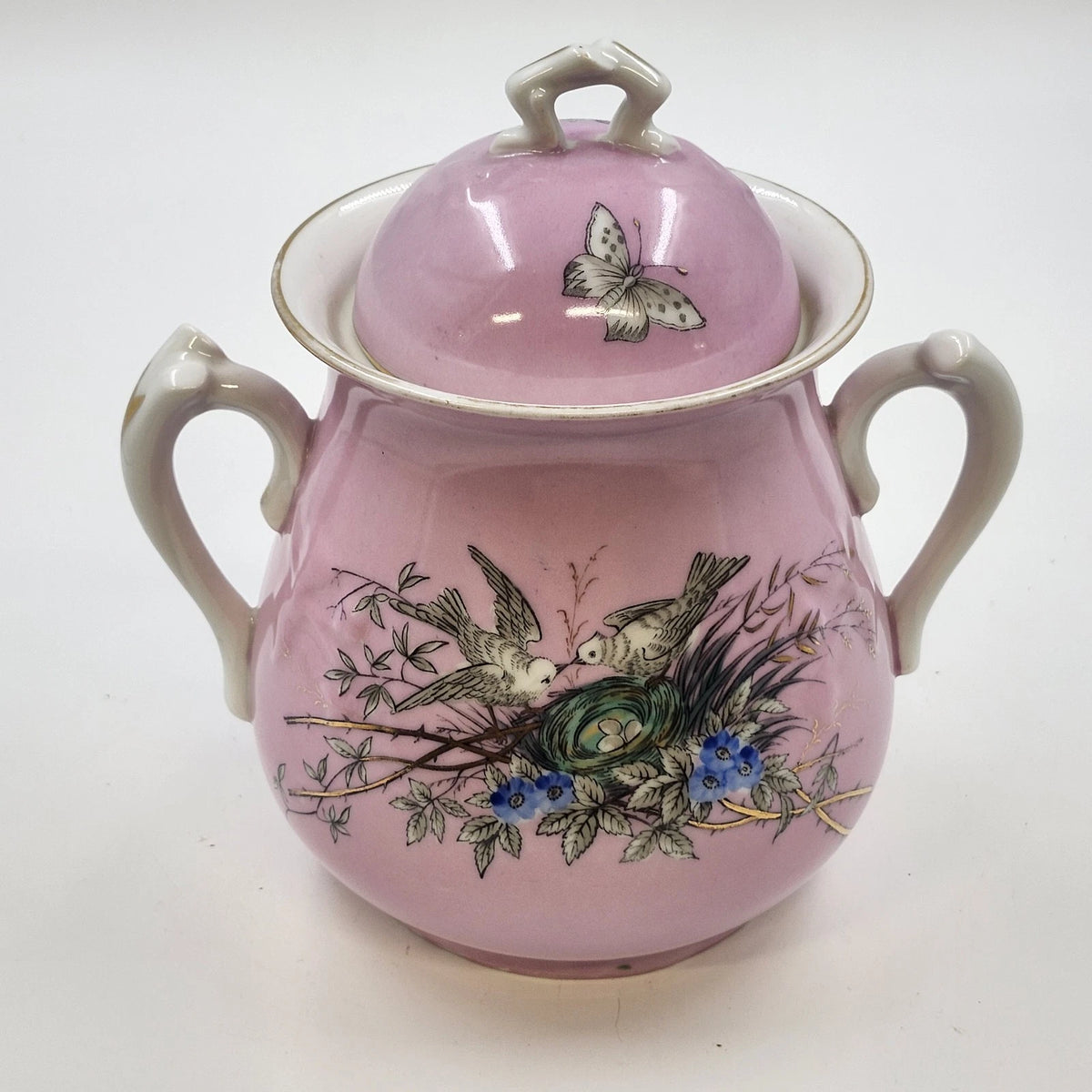 Vintage pink porcelain biscuit jar with birds, flowers, butterfly, and gold trim