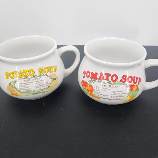 Vintage ceramic potato and tomato soup mugs with printed recipes