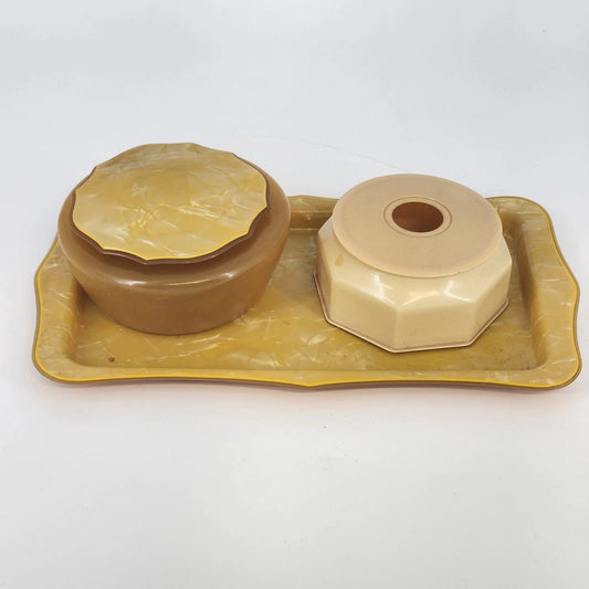 Vintage Pyrolene celluloid vanity set with amber pearl marbled tray and two trinket boxes