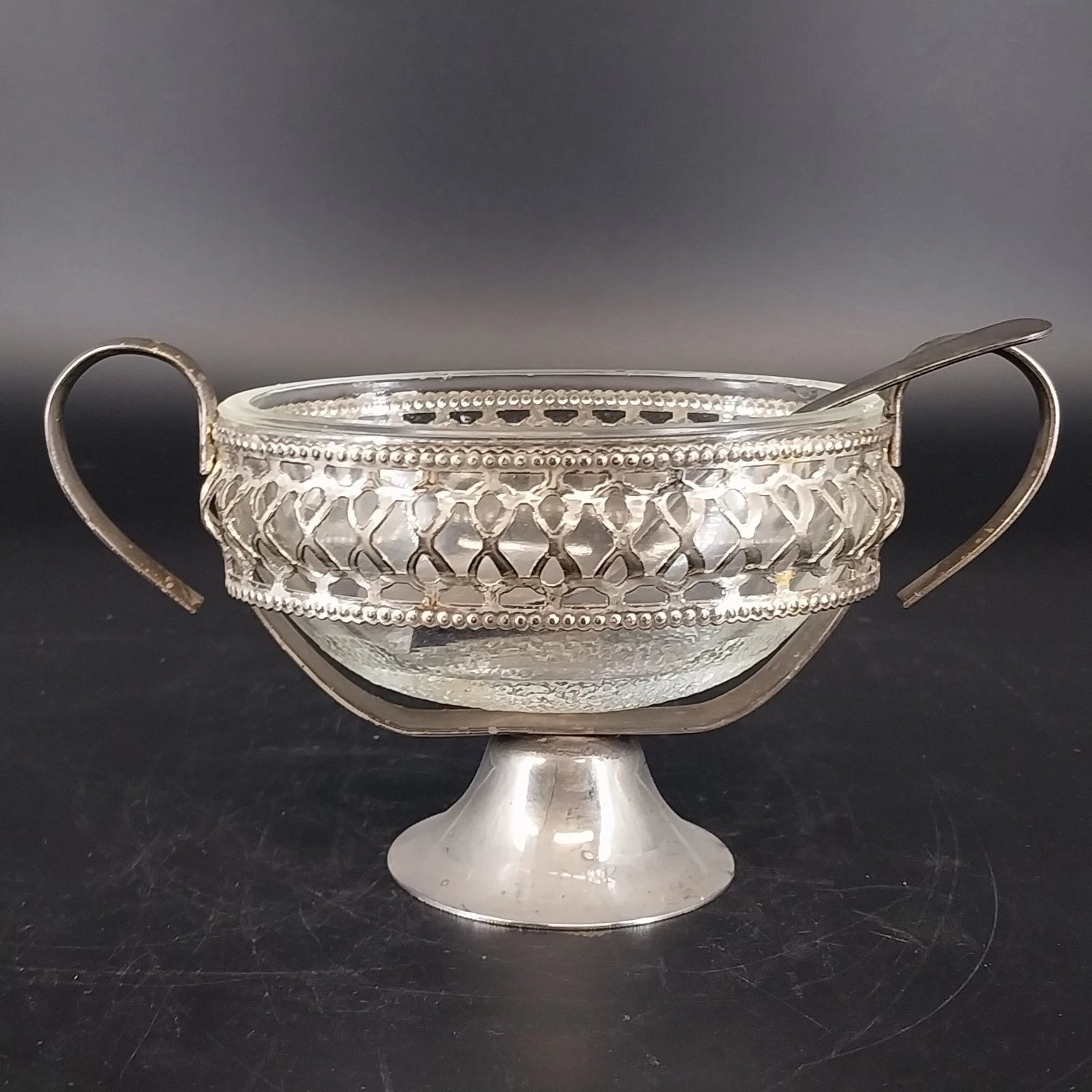 Vintage Raimond crystal footed oval serving dish with silverplated base and spoon