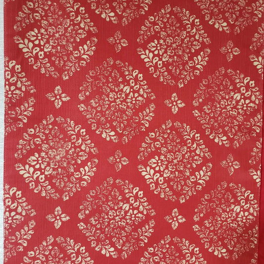 Vintage red table runner with off white stamped pattern