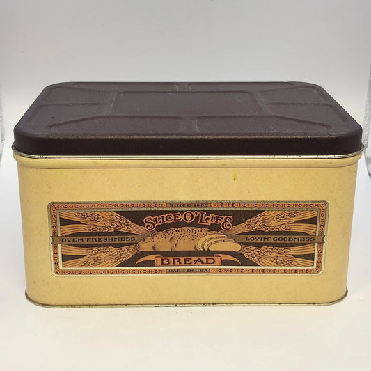Vintage Slice O' Life metal bread box with brown lid and wheat design