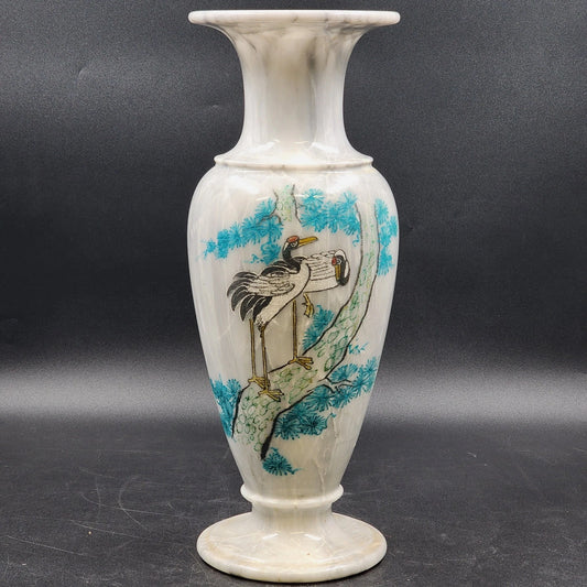 Vintage white porcelain floor vase with cranes and garden scene