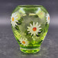 Vintage Teleflora green glass vase with white daisies